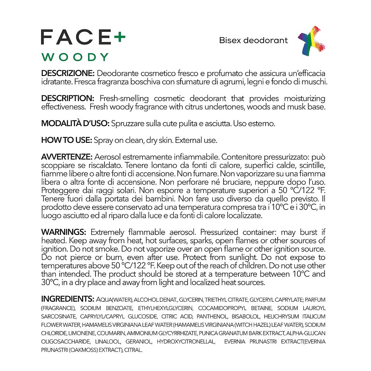 Face+ Woody – Deodorante Unisex Fresco e Idratante 125ml